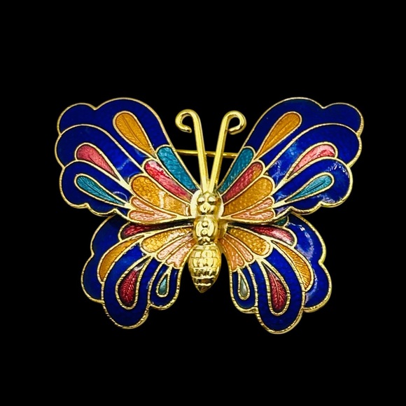 Vintage Jewelry - Beautiful Cloisonné Butterfly Brooch Vibrant Enamel on Gold Tone